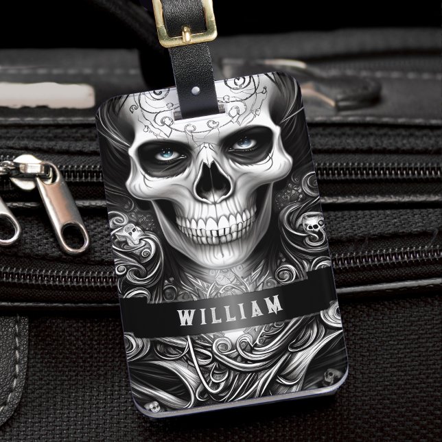 Etiqueta Para Maletas Skeleton gótico Skull Nombre blanco y negro (Gothic Skeleton Skull Black and White Name Luggage Tag)