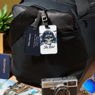 Etiqueta Para Maletas Skull Sky Rebel con casco piloto y gafas de sol