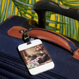 Etiqueta Para Maletas Sleepy Kitty en maleta con flores