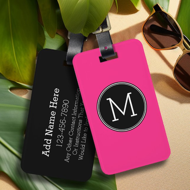 Etiqueta Para Maletas Sólido negro y rosa caliente con monograma (Personalized luggage tag - Add Your contact information and monogram)