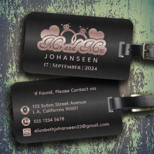 Etiqueta Para Maletas Sr. y Sra. Monogram Rosa Negro Boda de oro