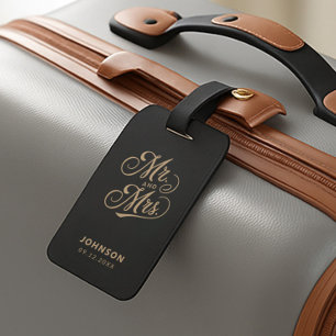 Etiqueta Para Maletas Sr. y Sra. Newlyweds Boda de Black Script Gold