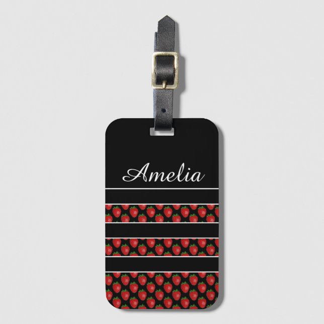 Etiqueta Para Maletas Strawberry Stripes Black Personalised (Anverso vertical)