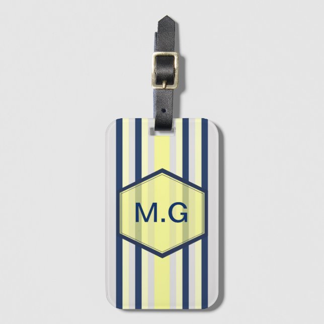 Etiqueta Para Maletas Stylish Grey and Yellow Stripes Monogram (Anverso vertical)