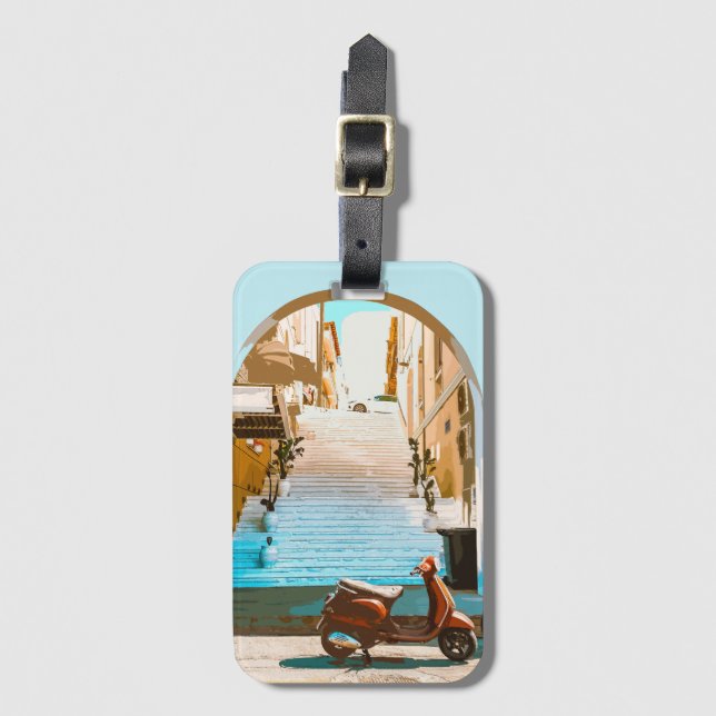 Etiqueta Para Maletas Stylized Teal Mediterranean Coastal Town Archway (Anverso vertical)