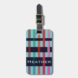 Etiqueta Para Maletas Su nombre y franjas de tejido coloridas en azul su