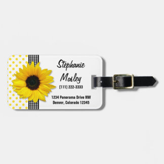 Etiqueta Para Maletas Sunflower Polka Dot Gingham Blanco Amarillo
