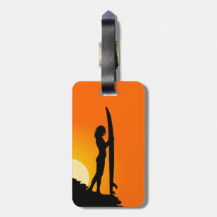 Etiqueta Para Maletas Surfista al atardecer.Naranja/Negro