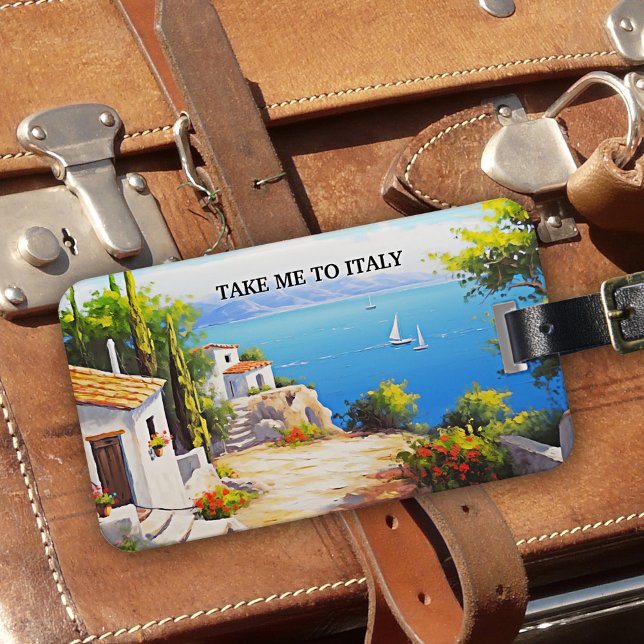 Etiqueta Para Maletas Take Me To Italy Fine Art (Luggage tag with a modern art painting showing a coastal Italian landscape on a beautiful sunny day)