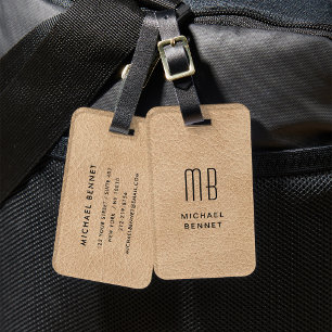 Etiqueta Para Maletas Textura de cuero falso beige elegante monogramada
