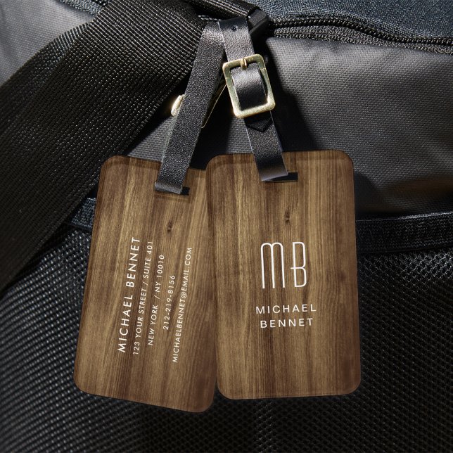Etiqueta Para Maletas Textura de madera de imitación marrón monograma (Monogram Brown Faux Wood Texture Luggage Tag)
