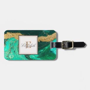 Etiqueta Para Maletas Textura de mármol verde de piedra de oro de moda, 