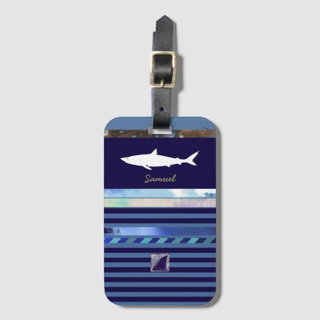 Etiqueta Para Maletas tiburón de rayas azules (Anverso vertical)