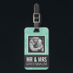Etiqueta Para Maletas Tinta suave y gris Mr. y la Sra. Foto personalizad<br><div class="desc">Aquí hay una etiqueta de equipaje de ultra moda creada especialmente para parejas casadas. Un delicado y subestimado fondo floral de color verde menta con motivos florales en ambos lados, con hojas tenues y detalles florales, acentuado en el frente con letras en negrita, en bloques y una estriba de cinta...</div>