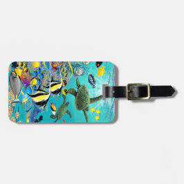 Etiqueta Para Maletas Tortuga de mar tropical hawaiana de los pescados