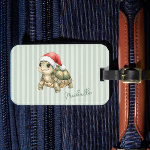 Etiqueta Para Maletas Tortuga de Navidad con sombrero de Santa en acuare