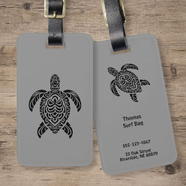 Etiqueta Para Maletas Tortuga Marina Tribal, negro sobre gris