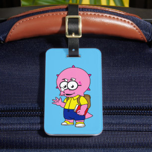 Etiqueta Para Maletas Triceratops Con Mochila Y Libro De Texto.