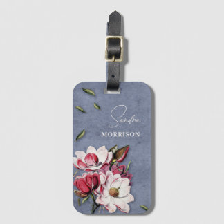 Etiqueta Para Maletas Tropical Flowers Dusty Blue Monogram Name