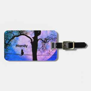 Etiqueta Para Maletas Un gato negro con un nombre de luna llena de cable