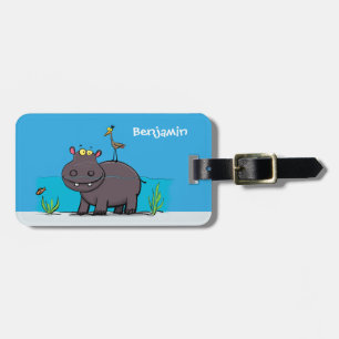 Etiqueta Para Maletas Un gracioso hipopótamo con personalizado de pájaro