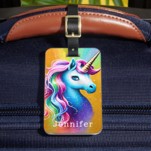 Etiqueta Para Maletas Unicornio de Arcoíris Vibrante y Brillo Falso