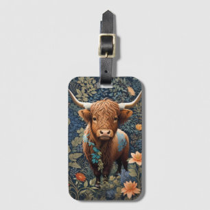 Etiqueta Para Maletas Vaca de las Tierras Altas Floral Azul Inspirado en