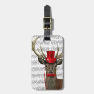 Etiqueta Para Maletas Venado con sombrero rojo superior y bigote
