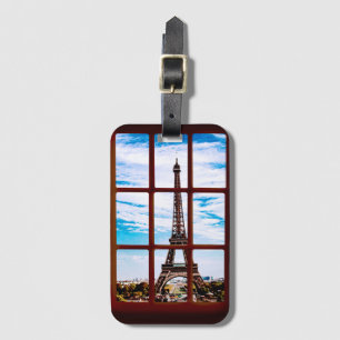 Etiqueta Para Maletas Ventana de madera con vistas a la torre Eiffel, Pa