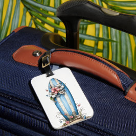 ETIQUETA PARA MALETAS VERANO AZUL Y BLANCO DE TABLA DE SURF Y HIBISCO
