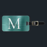 Etiqueta Para Maletas Verde azulado Aqua Green Brusht Metalizado Script<br><div class="desc">Etiqueta de la bolsa Metalizado de monograma  cepillado de Aqua verde verde azulado</div>