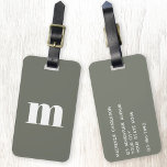 Etiqueta Para Maletas Verde monograma inicial moderno<br><div class="desc">Moderna tipografía de funda inferior diseño minimalista monograma inicial que se puede cambiar para personalizar,  junto con los detalles al revés. Blanco sobre un fondo verde sabio.</div>
