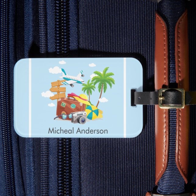 Etiqueta Para Maletas Viaje de vacaciones personalizado de arte azul (Anverso In Situ 4)