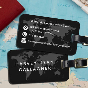 Etiqueta Para Maletas Viaje en Mapa del Mundo Blanco y Negro Simple Masc