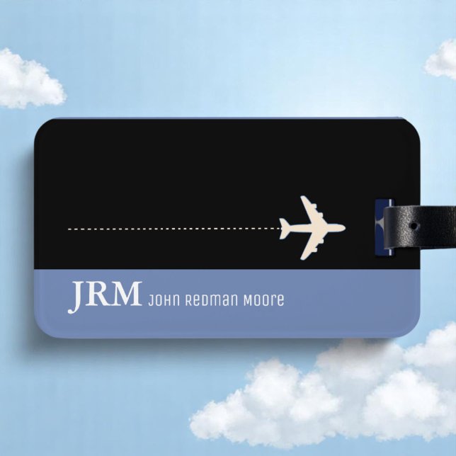 Etiqueta Para Maletas Viaje en monograma azul/avión personalizado (Subido por el creador)