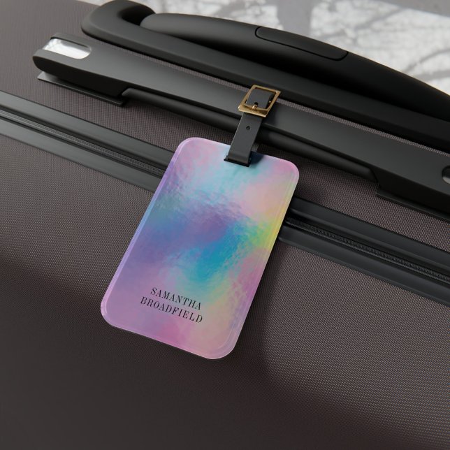 Etiqueta Para Maletas Viaje holográfico monograma moderno irlandés (Purple Blue Iridescent Holographic Luggage Tag)