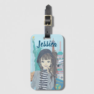 Etiqueta Para Maletas Viajes Chicas en el mundo ilustrados Personalizado