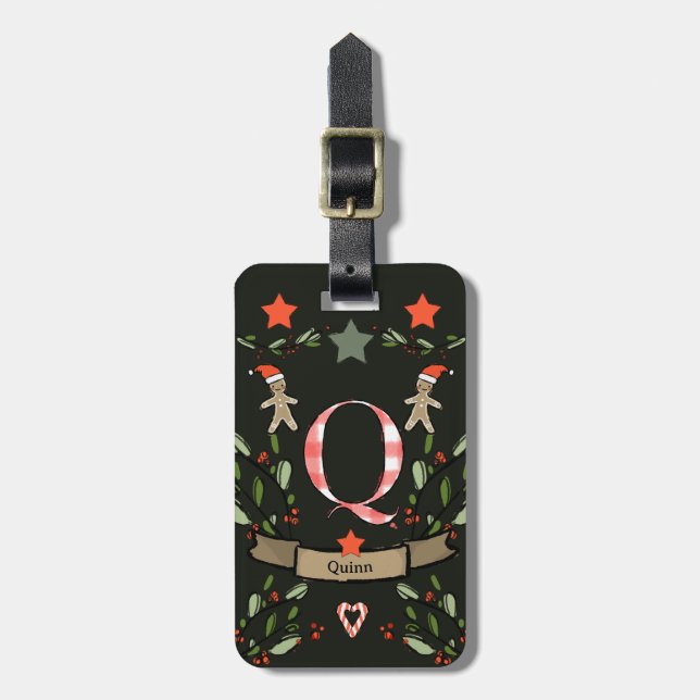 Etiqueta Para Maletas Viajo para Navidades monograma "Q" con nombre (Frente Vertical)