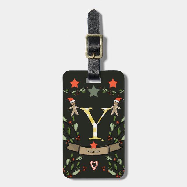 Etiqueta Para Maletas Viajo para Navidades monograma "Y" con nombre (Frente Vertical)