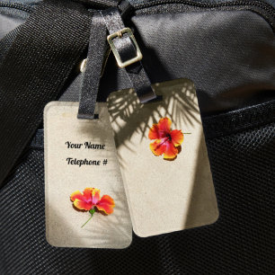 Etiqueta Para Maletas Vibes tropicales hibiscus en arena dorada