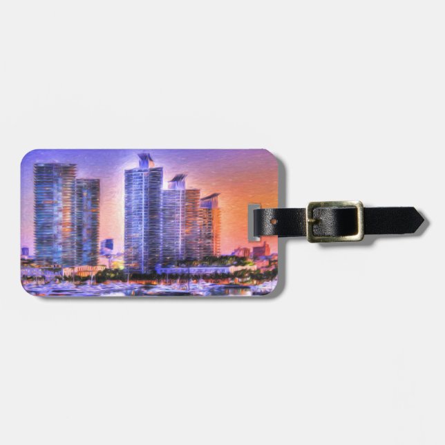 Etiqueta Para Maletas Vibrante Miami Skyline Sunrise (Frente Horizontal)