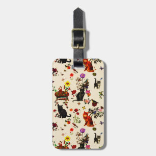 Etiqueta Para Maletas Vintage Naranja Black Cats Bird Floral Garden