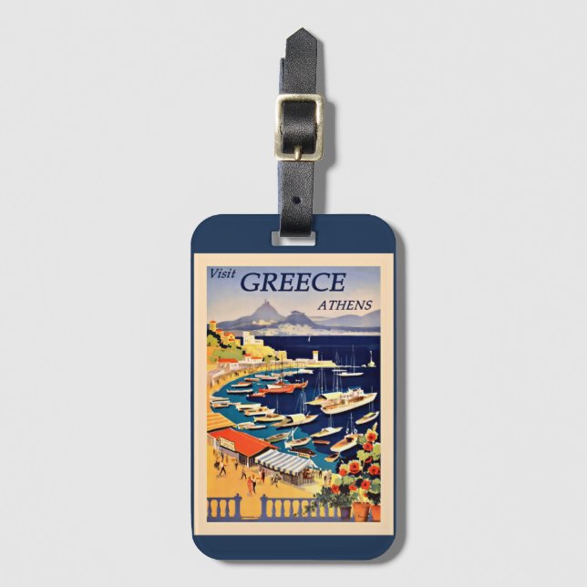 Etiqueta Para Maletas Visita Atenas, afiche de viajes de Grecia (Anverso vertical)