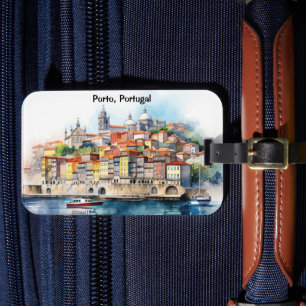 Etiqueta Para Maletas Vista de la ciudad de Porto Portugal en acuarela c