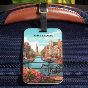 Etiqueta Para Maletas Vista del Canal Holanda de Amsterdam