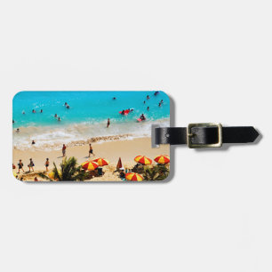 Etiqueta Para Maletas Vista elevada de la escena de la playa de Waikiki,