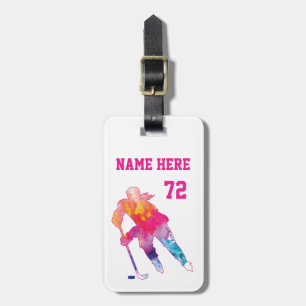 Etiqueta Para Maletas Watercolor del jugador de hockey personalizado de 