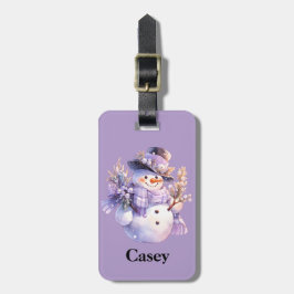 Etiqueta Para Maletas Watercolor Snowman Purple Plaid Scarf Winter ID