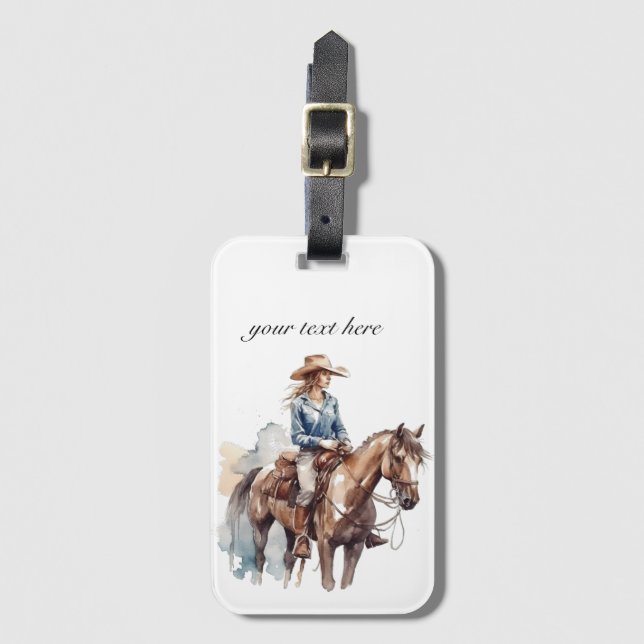 Etiqueta Para Maletas Watercolor Western Brunette Cowgirl, personalizado (Anverso vertical)