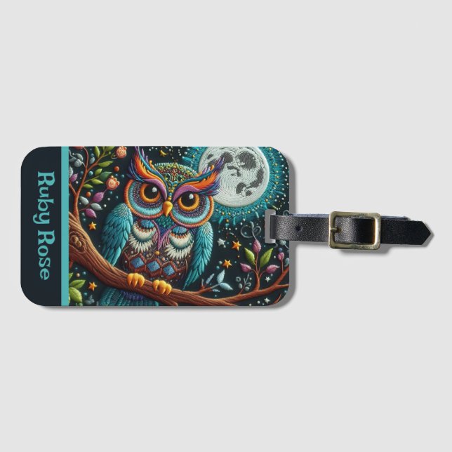 Etiqueta Para Maletas Whimsical Owl Faux Embroidery (Anverso horizontal)